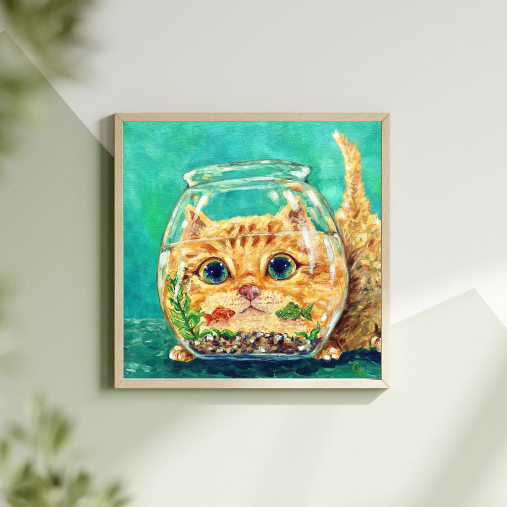 "Bubbles & Whiskers" Print with Wooden Frame