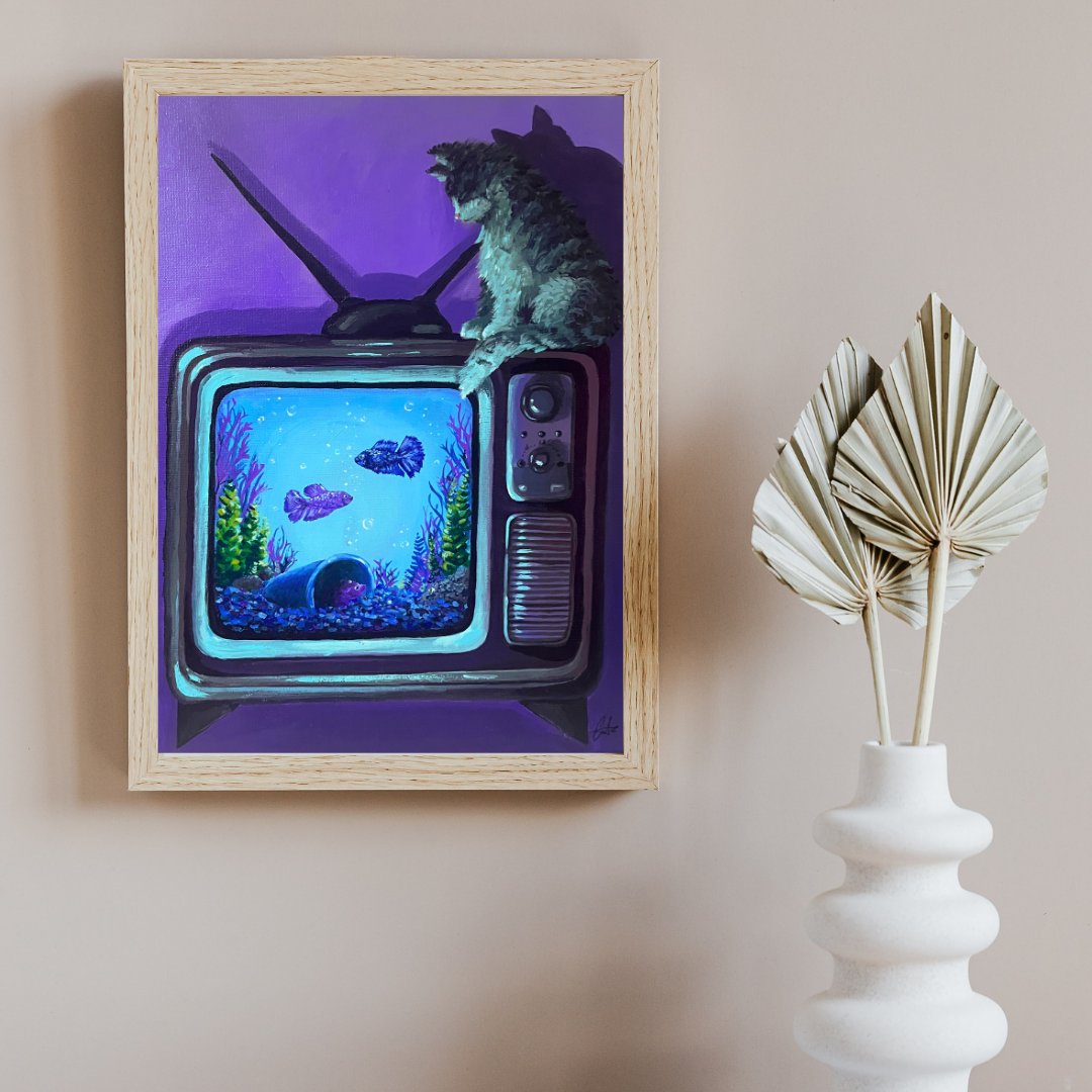 "Late night TV" Print with Wooden Frame